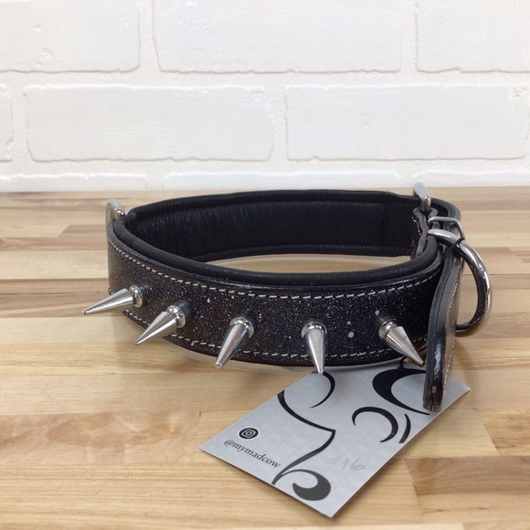 Mad Cow genuine leather Punk Rock dog collar handmade black dark silver studs - Picture 1 of 16